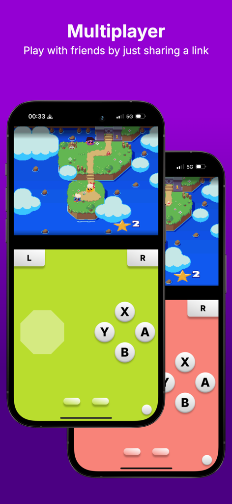 Afterplay - Game Emulator - Two iPhones showing multiplayer retro gameplay using the Afterplay emulator link feature