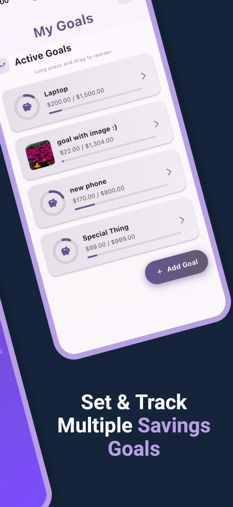 Savings Tracker & Goals - Pantalla de la aplicación Savings Tracker que muestra múltiples metas activas con anillos de progreso y montos objetivo para un portátil y un teléfono