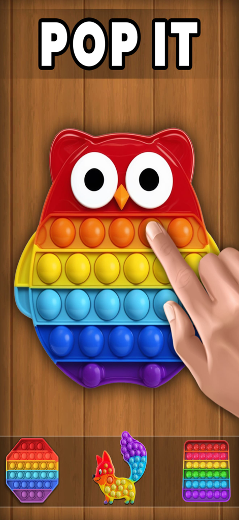 Mini Fidget Toys & Pop it Game - A hand popping a rainbow owl shaped fidget toy in a mobile game