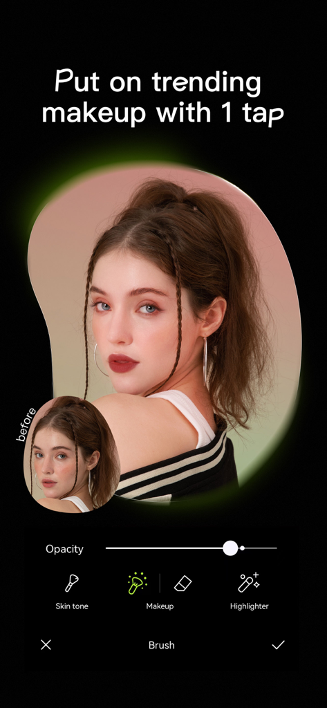 Una demostración de la interfaz de la app Hypic mostrando cómo aplicar maquillaje de tendencia y retocar la piel con un solo toque.