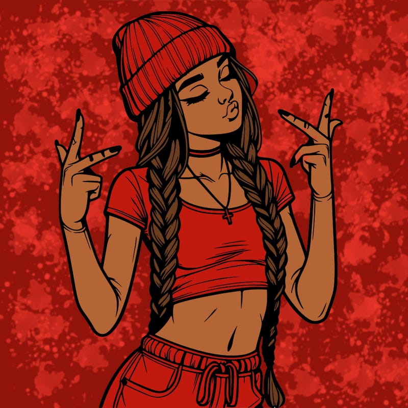 realistic teenage girl with braids and a beanie and crop top doing 🫶🏼