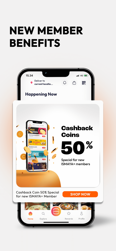 ISMAYA+ - A smartphone displaying the ISMAYA plus app with a pop-up banner advertising 50 percent cashback coins for new members.