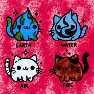4 cats that represent the different elements, earth, water, air, and fire