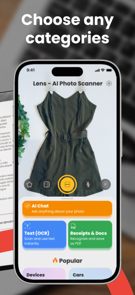 Lens - AI Photo Scanner - Interfaz de la aplicación Lens AI Photo Scanner que muestra el reconocimiento de objetos de un vestido y varias categorías de escaneo como OCR y documentos