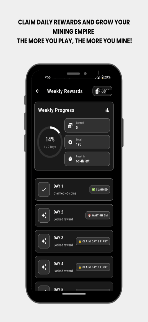 BTC Mining Cloud Sim - Weekly rewards dashboard of BTC Mining Cloud Sim showing daily progress and coin earnings