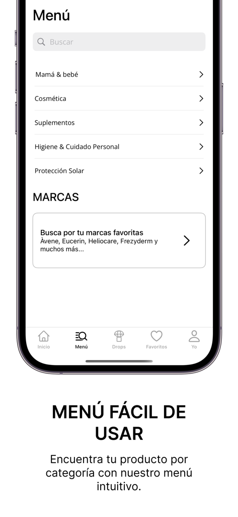 Farma2go - Parafarmacia Online - Smartphone screen showing the Farma2go app navigation menu with categories for skincare, supplements, and baby products