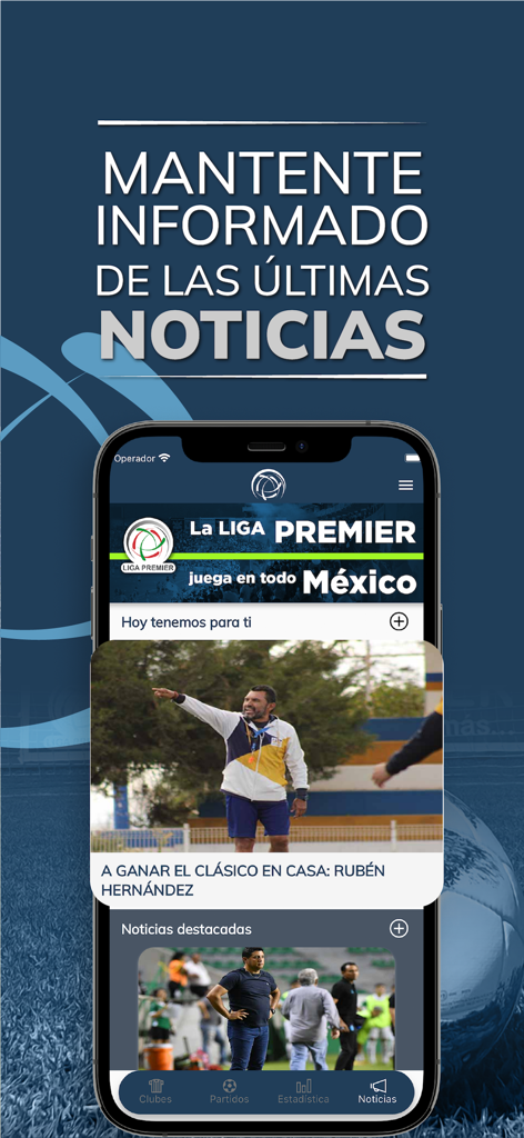 LIGA PREMIER Oficial - Smartphone displaying the news section of the LIGA PREMIER Oficial app with Mexican soccer headlines