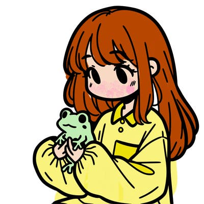 girl with long hair and a oversized shirt. and she is holding a frog