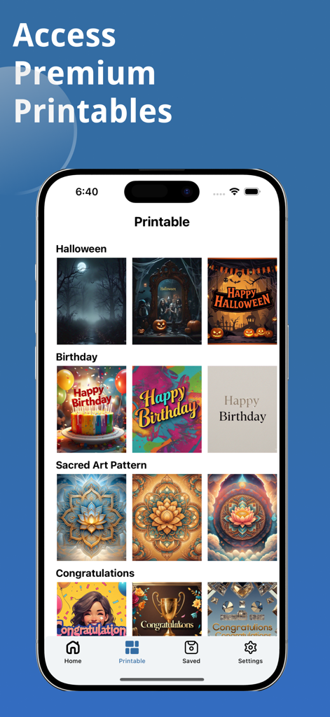 Printmate app interface displaying a selection of premium printable templates including categories for Halloween Birthday and Sacred Art Patterns