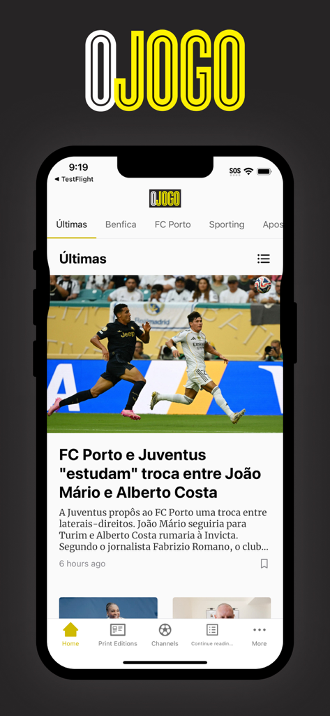 Interface de l'application O Jogo affichant les dernières nouvelles de football sur le FC Porto et la Juventus
