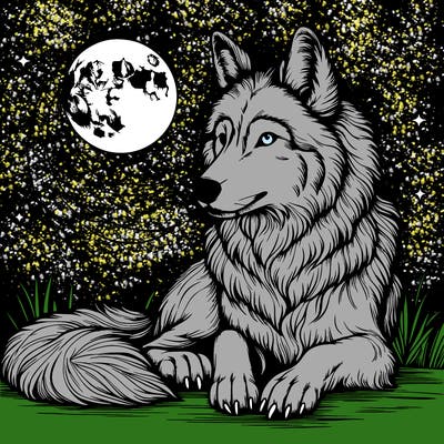realistic wolf and moon