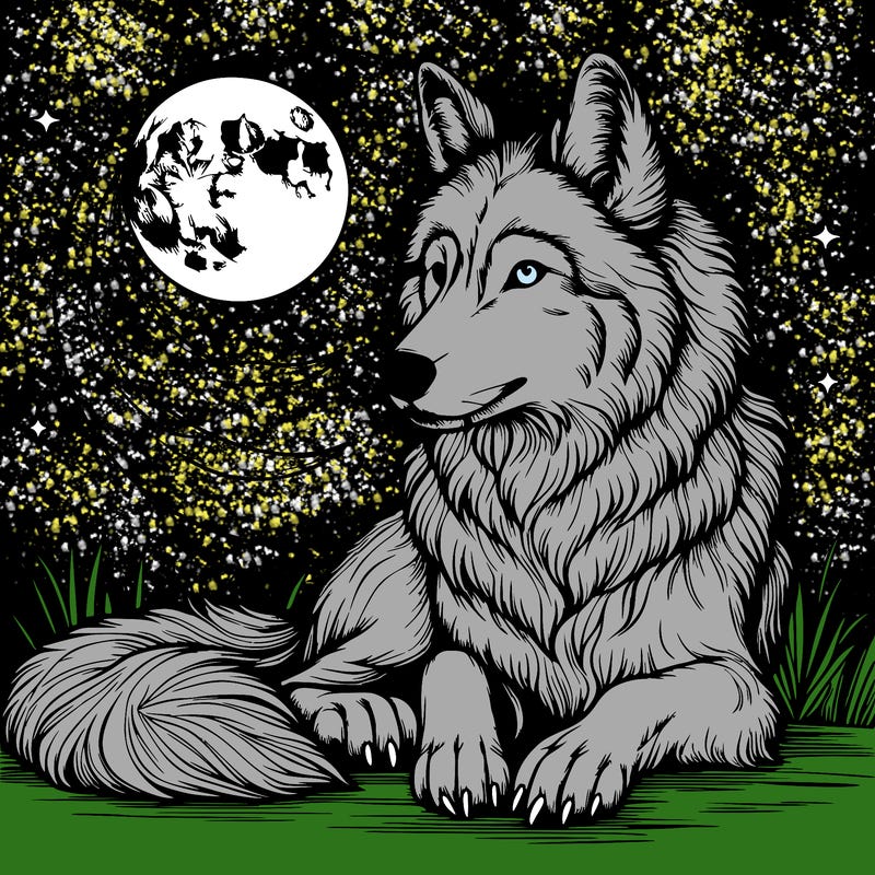 realistic wolf and moon