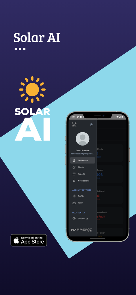Solar-AI - Smartphone screen showing the Solar-AI app navigation menu with dashboard and energy management options
