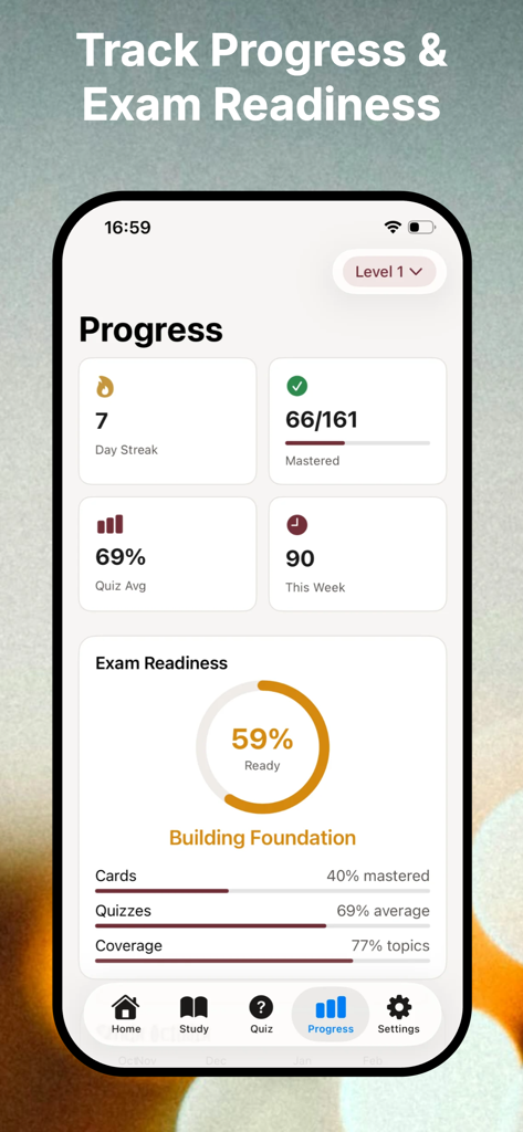 A screenshot of the VinoPrep app progress dashboard showing a 59 percent exam readiness score and study statistics for WSET Level 1