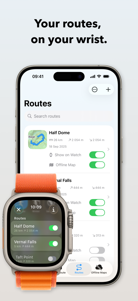 WristTopo: Offline Navigation - WristTopo app interface showing hiking routes being synced between an iPhone and an Apple Watch Ultra
