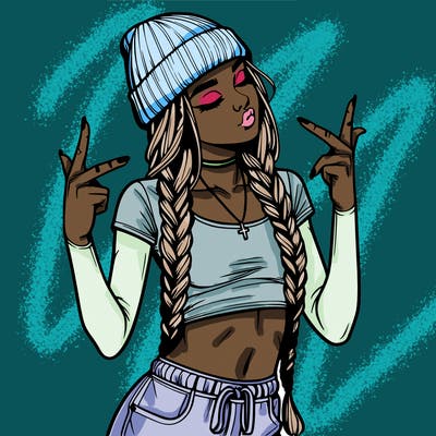 realistic teenage girl with braids and a beanie and crop top doing 🫶🏼