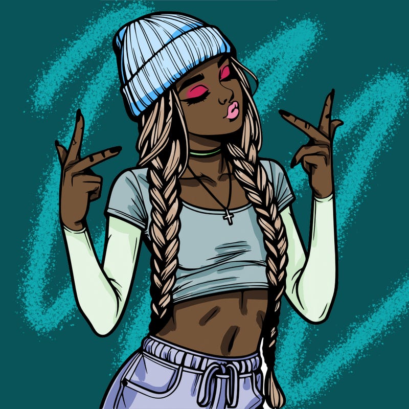 realistic teenage girl with braids and a beanie and crop top doing 🫶🏼