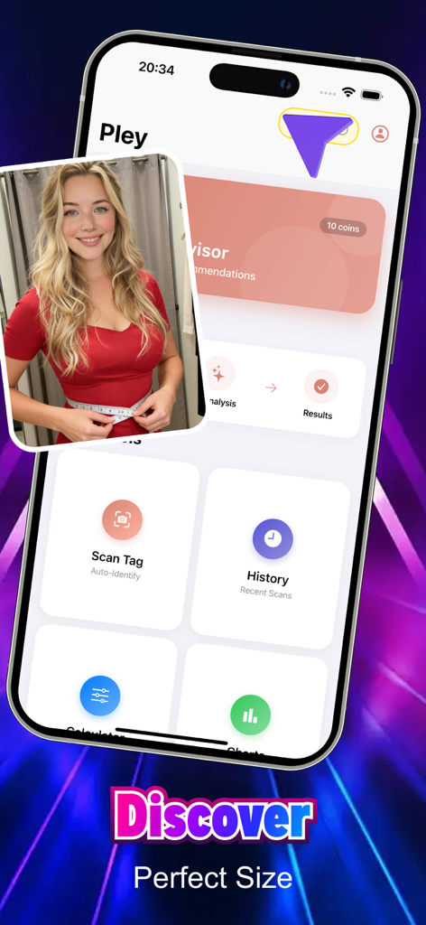 Pley - - AIを使用して完璧な衣類のサイズを見つけるためのPleyアプリのインターフェースが表示されたスマートフォン画面。