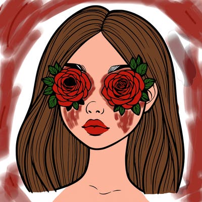 a realistic girl with roses for eyes
