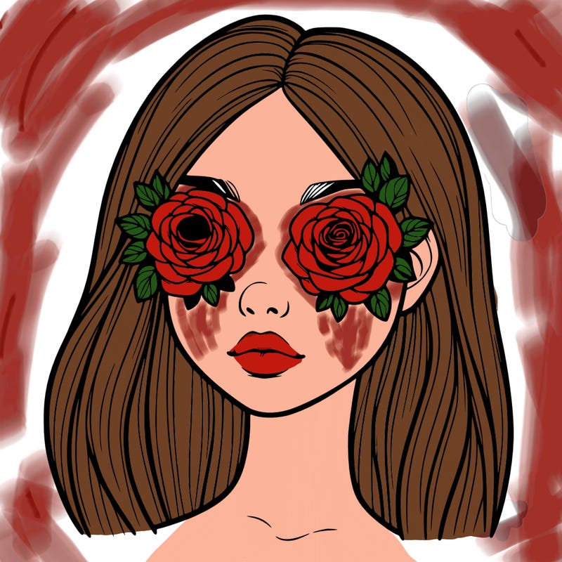 a realistic girl with roses for eyes