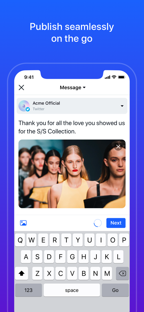 Interface of the Sprinklr mobile app demonstrating social media publishing for enterprise brands.