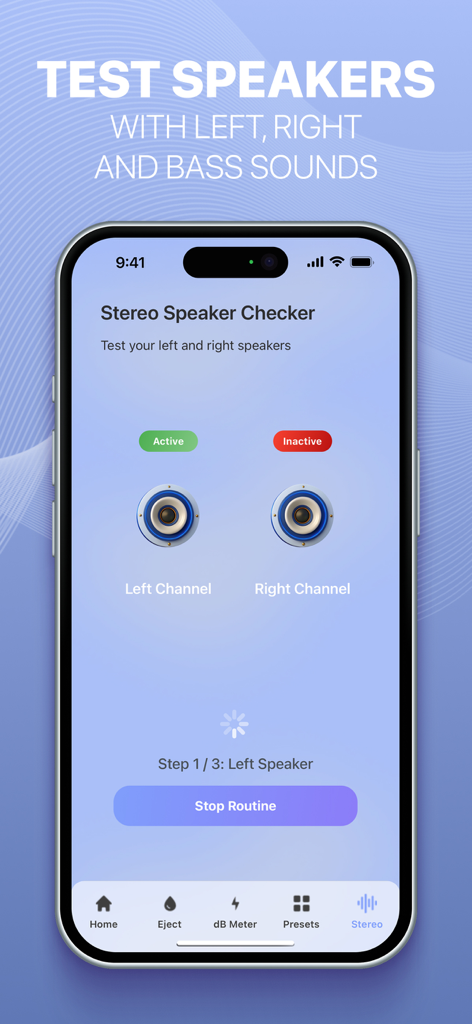 Water Eject Pro Cleaner° - Interfaz de la aplicación Water Eject Pro para pruebas de altavoces estéreo