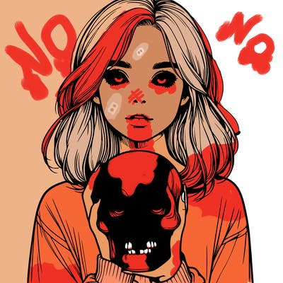 realistic girl holding a skull