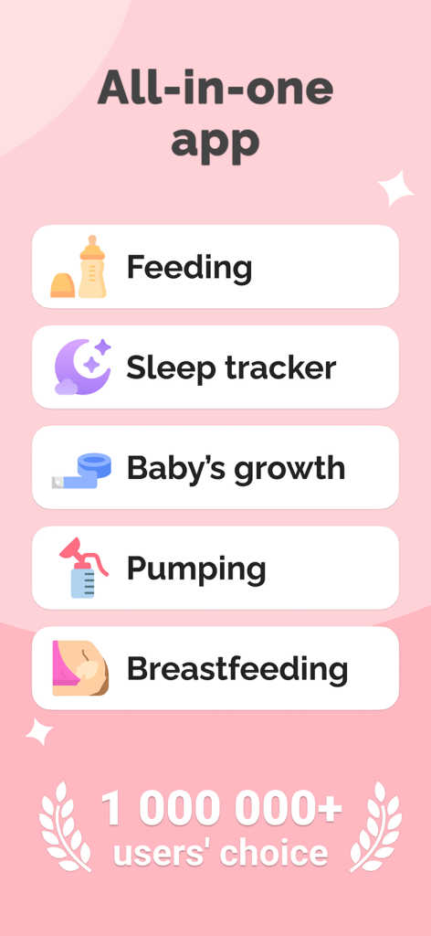 My Tiny: Baby Tracker, Sleep - Interfaz de la aplicación My Tiny Baby Tracker que muestra categorías de registro de tomas, sueño y crecimiento