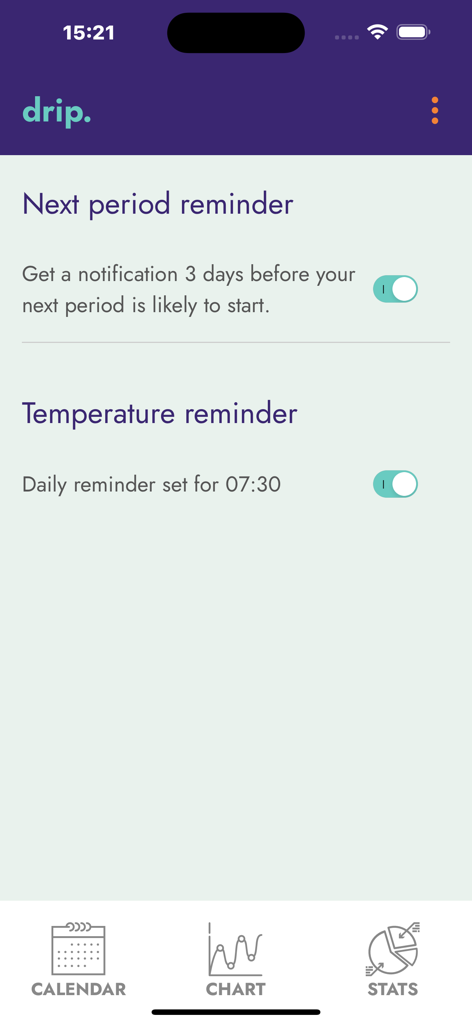 Interface of the drip period tracker app showing settings for next period notifications and daily temperature measurement reminders.