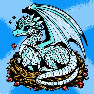 realistic diamond dragon curled up in nest with diamond egg