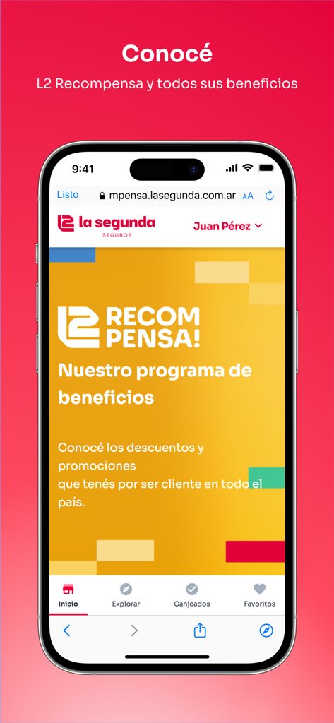 La Segunda Seguros - Pantalla de iPhone que muestra el programa de beneficios L2 Recompensa en la aplicación móvil La Segunda Seguros