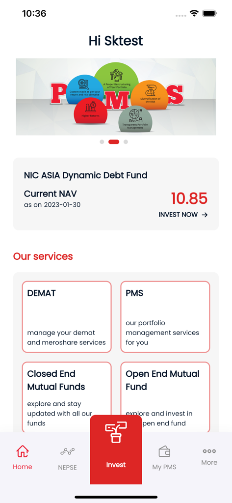 NIC ASIA Capital - NIC ASIA Capital app home screen showing investment services like DEMAT and PMS