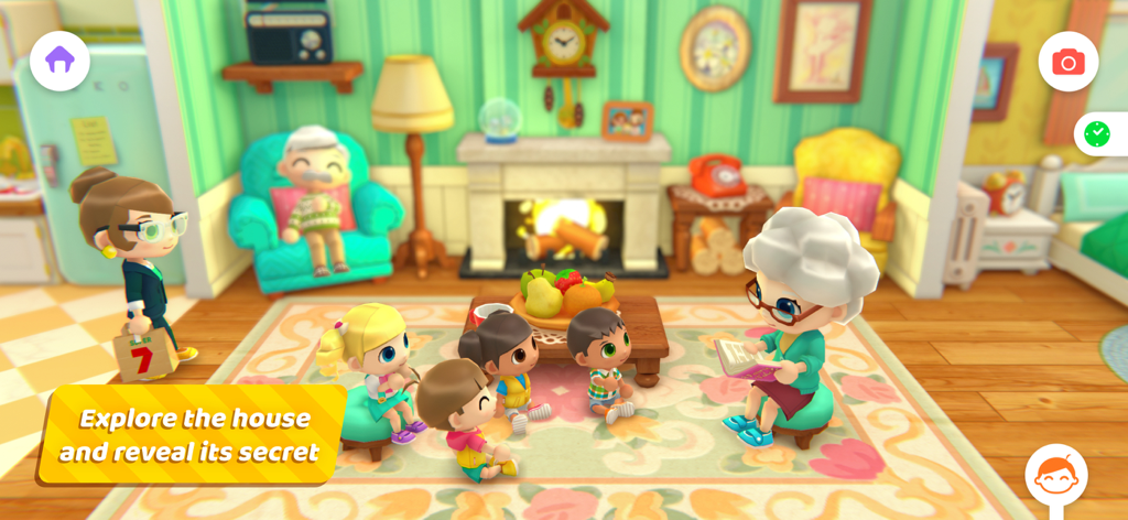 Escena familiar en una acogedora sala de estar con una abuela leyendo un cuento a los niños.