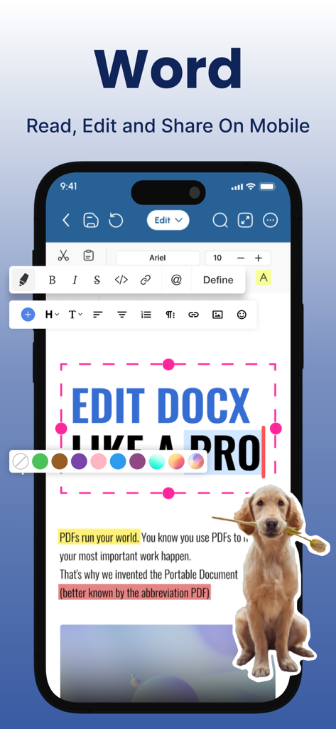 Office Suite-Word, Sheets, PPT - テキストフォーマットツールを表示するモバイルデバイス上のWordドキュメントエディタインターフェース
