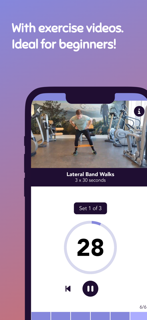 Mini Band Exercises - Interface of the Mini Band Exercises app showing a video tutorial of lateral band walks with a countdown timer