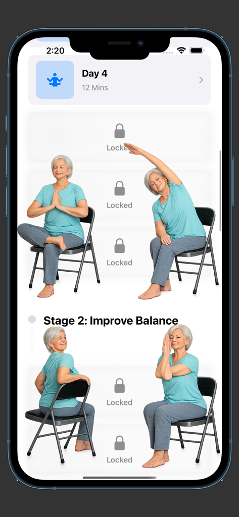 Chair Exercises Workouts - Écran d'application mobile montrant une femme senior effectuant des poses de yoga assise pour améliorer l'équilibre
