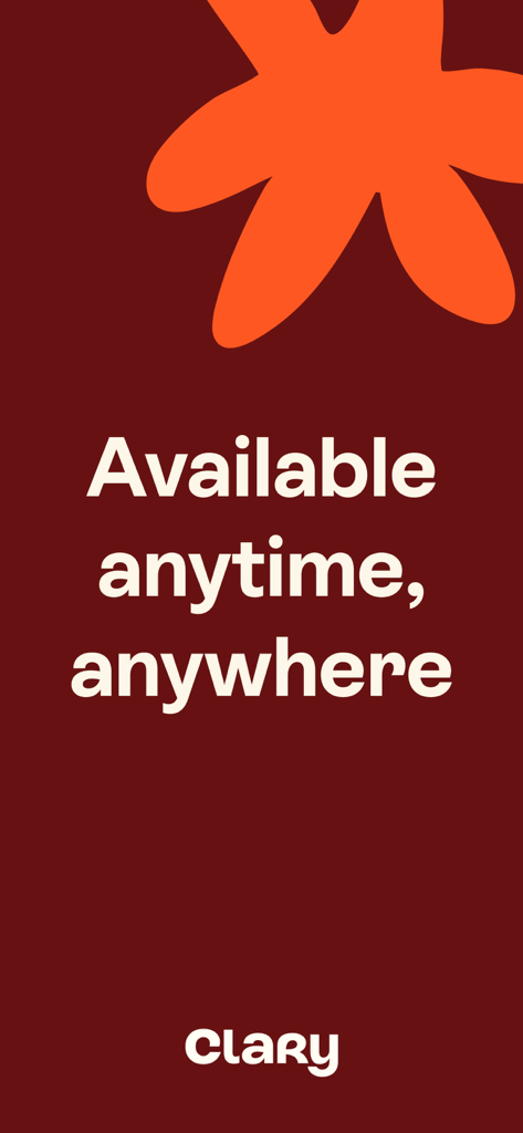 Tela do aplicativo Hey Clary exibindo o texto Disponível a qualquer hora, em qualquer lugar em um fundo escuro