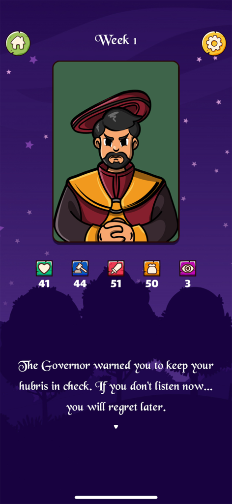 The Reeve - The Governor giving a narrative warning in the medieval management simulator The Reeve.