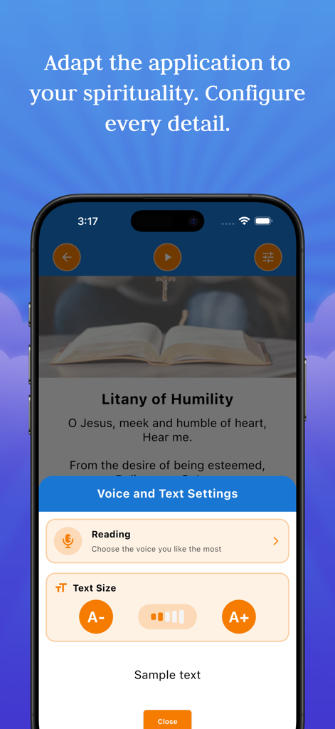 Voice and text size accessibility settings in The Holy Rosary with voice app