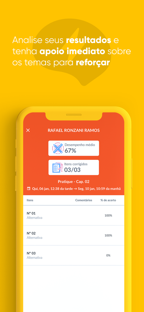 Interface do app móvel Geekie One mostrando um painel de desempenho do aluno com médias e resultados de exercícios