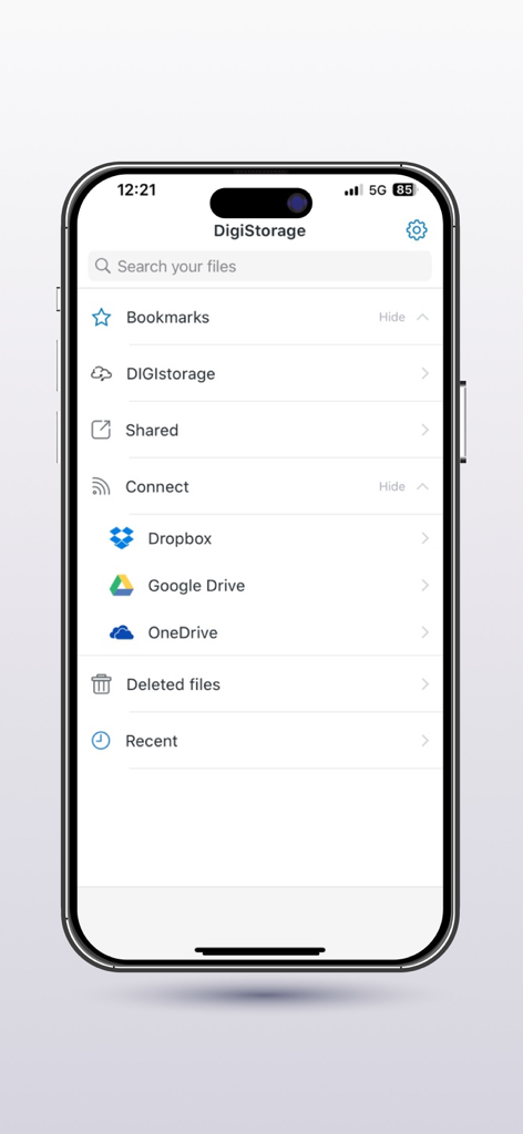 Digi Storage - Digi Storage app menu on iPhone showing integrated cloud services like Dropbox and Google Drive