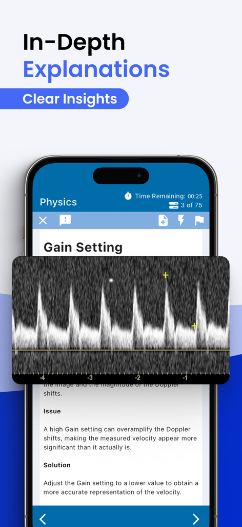 Prepry - ARDMS & CCI Exam Prep - Prepry mobile app interface showing a detailed ultrasound physics explanation for ARDMS exam prep with a spectral Doppler image.