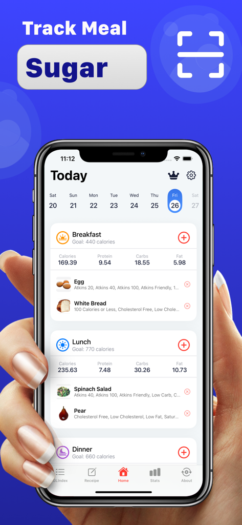 Diabetic carb counter - A mobile interface of the Diabetic Carb Counter app displaying a daily log of tracked meals including breakfast and lunch with nutritional breakdowns for calories protein and carbs