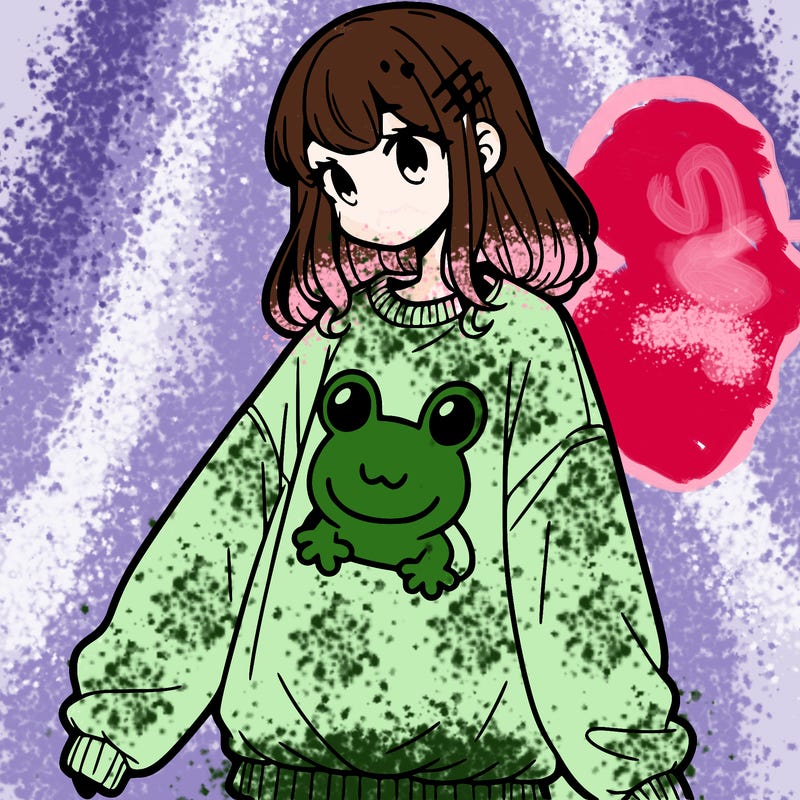 girl wearing frogging sweatshirt