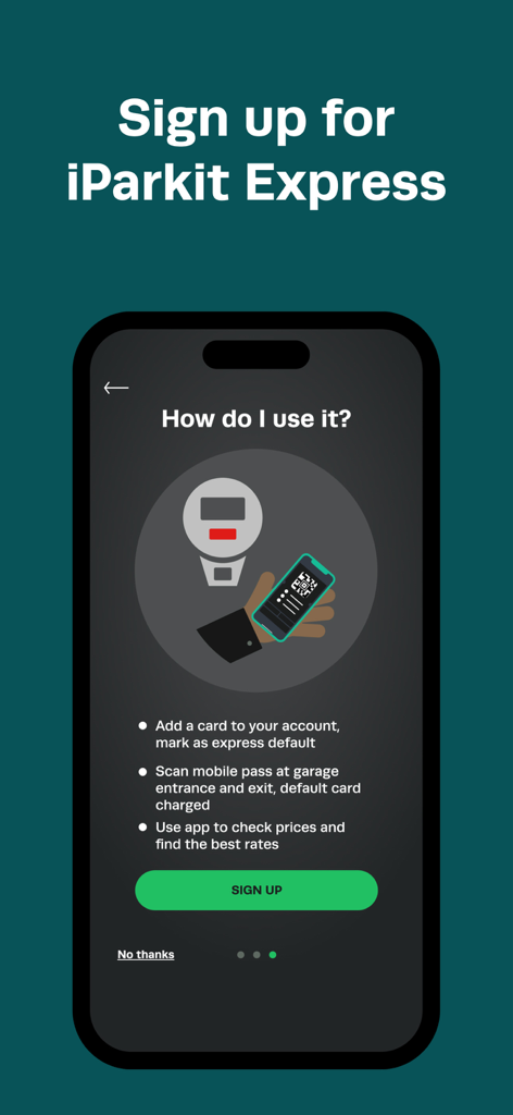 iParkit Garage Parking - 비접촉 입차 및 출차를 위해 주차장에서 모바일 패스를 스캔하는 방법을 설명하는 iParkit 익스프레스 튜토리얼 화면