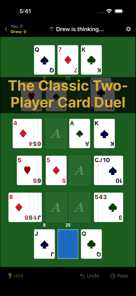 Russian Bank | Card Game - A screenshot of the Russian Bank card game showing a classic two player card duel on a green table