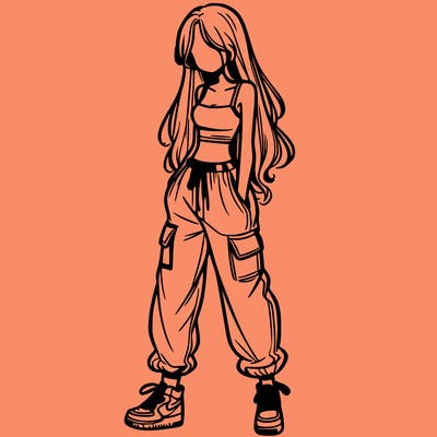 girl in baggy pants crop top and long hair