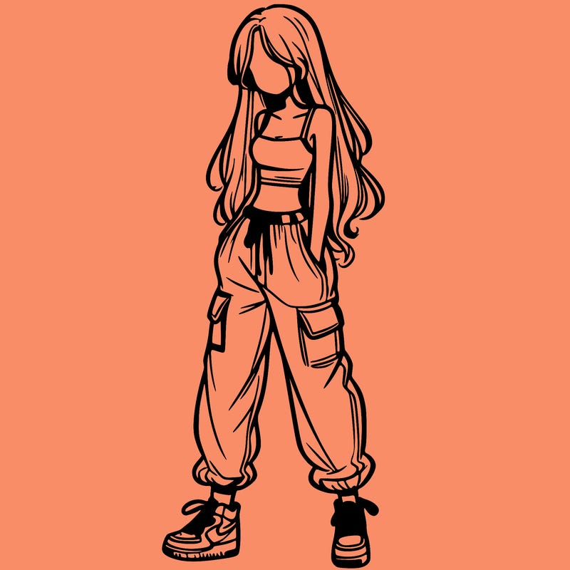 girl in baggy pants crop top and long hair