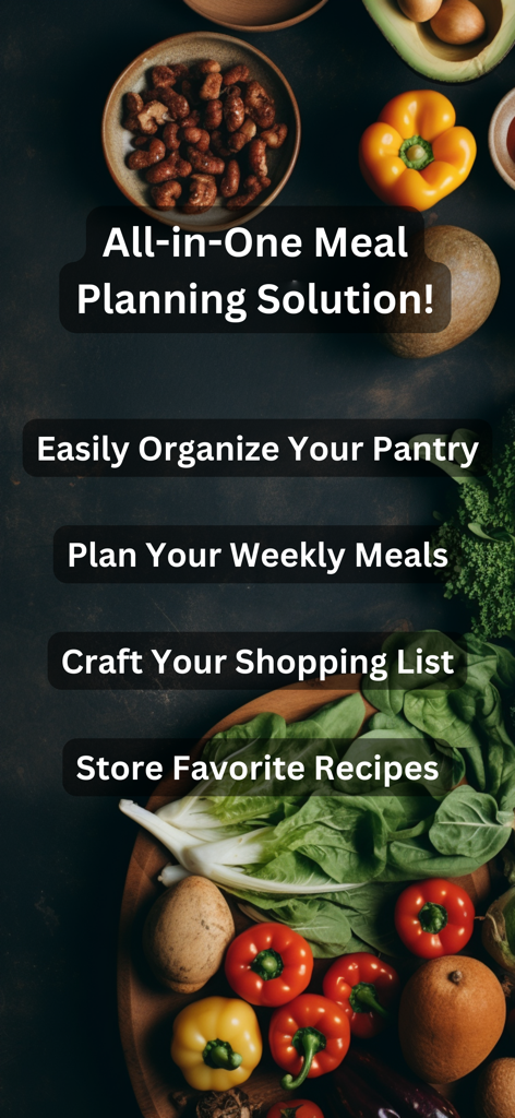 All-in-one meal planning and grocery list app showing features for pantry organization and recipe management.