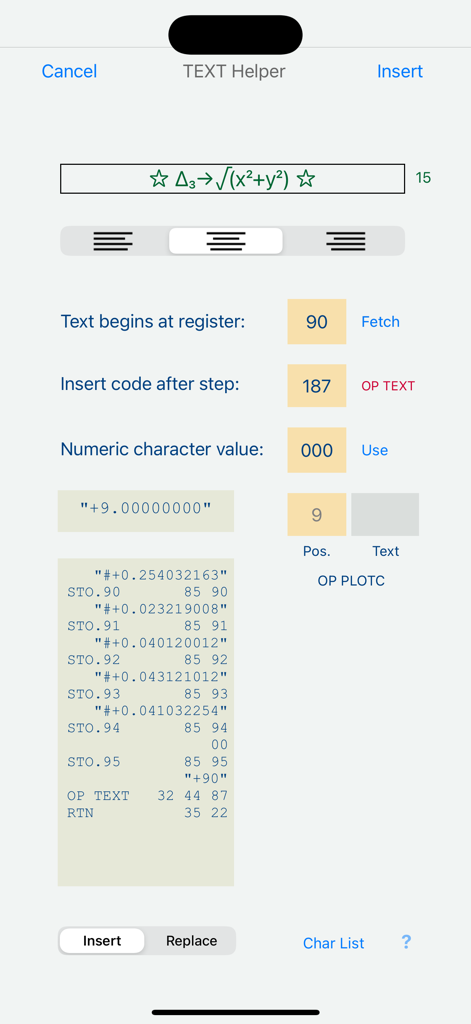 Text Helper utility in the RPN-67 SD app showing register settings and program code for mathematical symbols